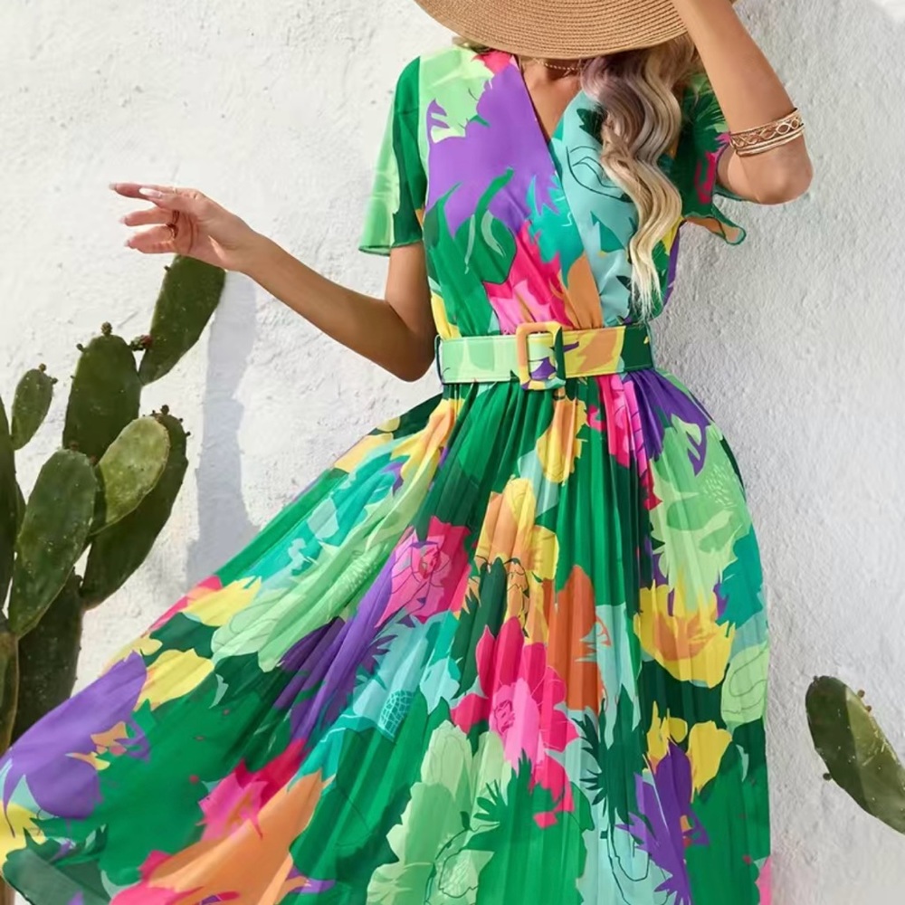 Floral Print Pleat Dress With Belt, Boho Surplice Neck Short Sleeve Dress